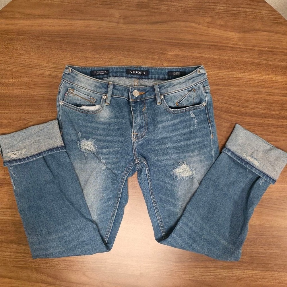 Vigoss The Thompson Easy Skinny Jeans Womens 27 Blue Excellent Distressed Cuffed